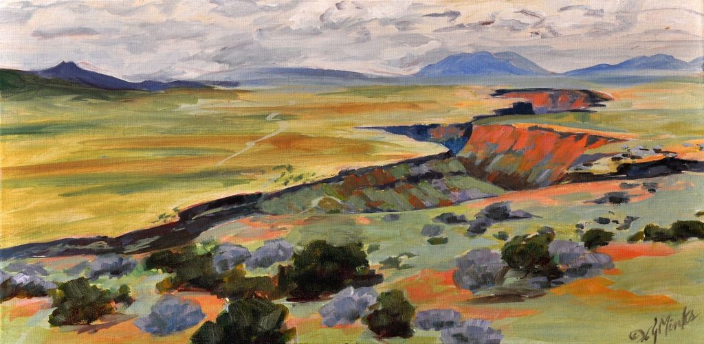 A painting of a huge gorge along a flat plain