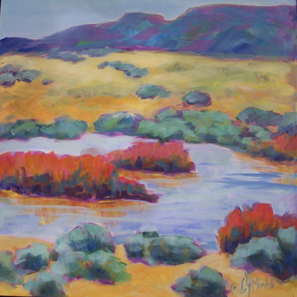 A painting of a river with scrubby vegetation
