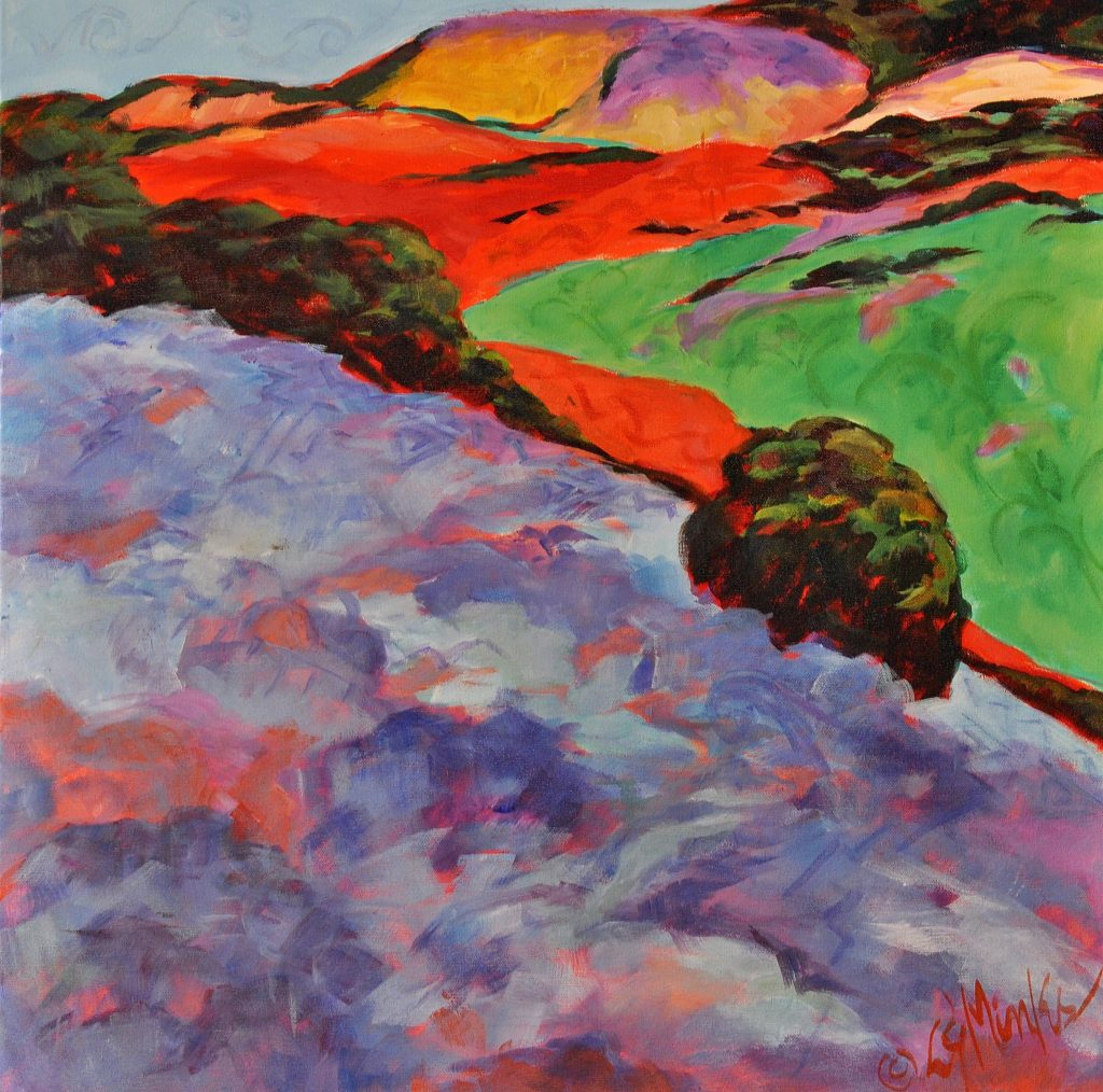 A painting of a colorful, hilly landscape