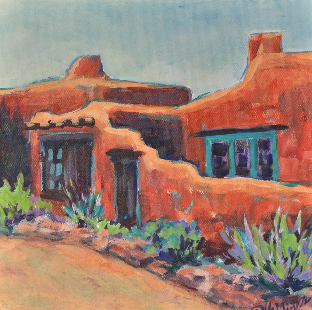 A painting of an adobe home