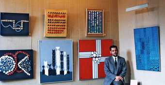 Anwar Jalal Shemza with his work at the Edinburgh Festival, 1969