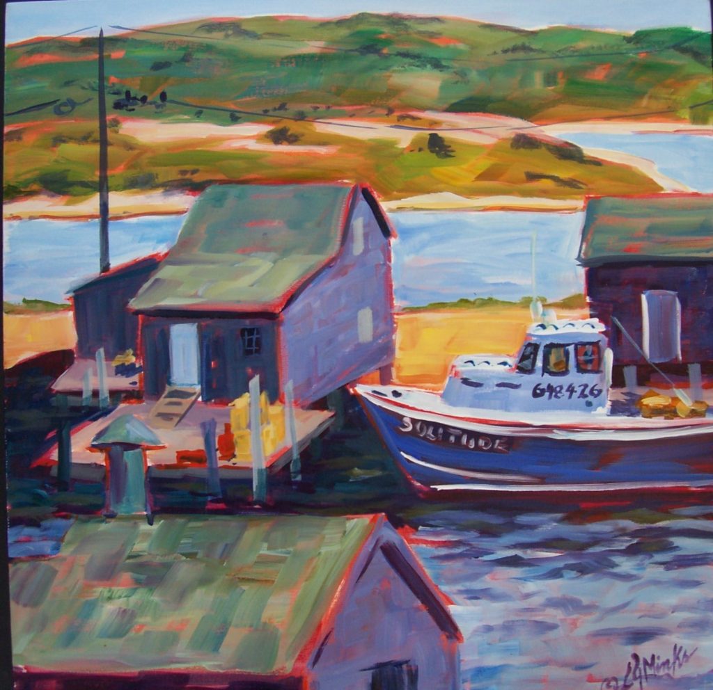 A painting of a small boat house and docked tugboat