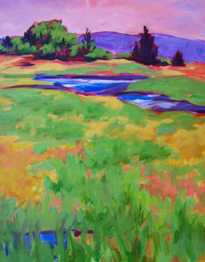 A painting of a colorful marsh in the spring
