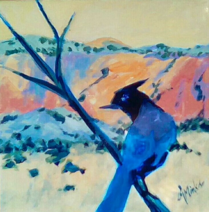 A painting of a black bird on a branch with southwestern mountains in the background