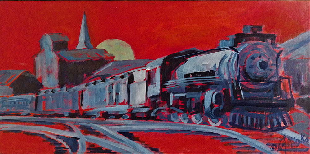 A train approaches a small downtown with a bright red background