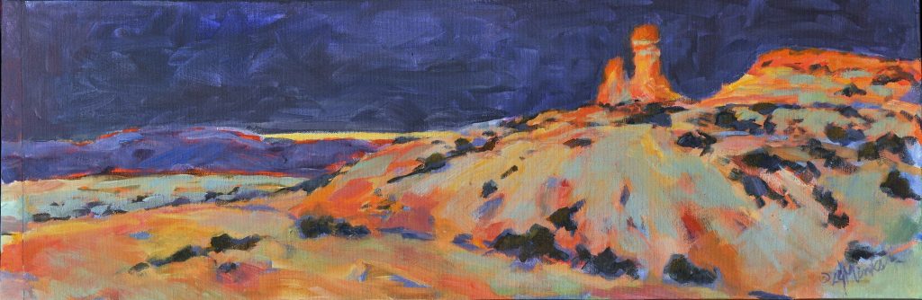 A painting of stormy skies and a southwestern landscape