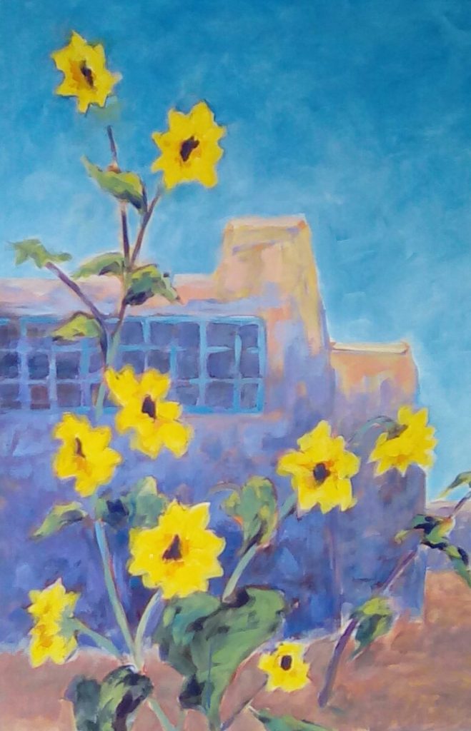 A painting of sunflowers in front of a pueblo building