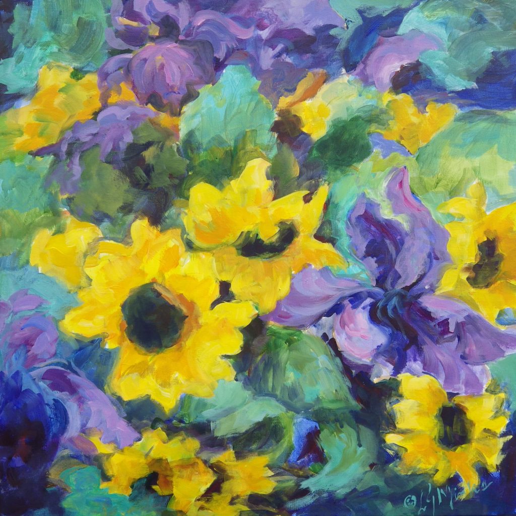 A painting of a bouquet of sunflowers and irises