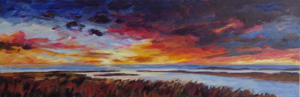 A painting of a marshy landscape at sunset