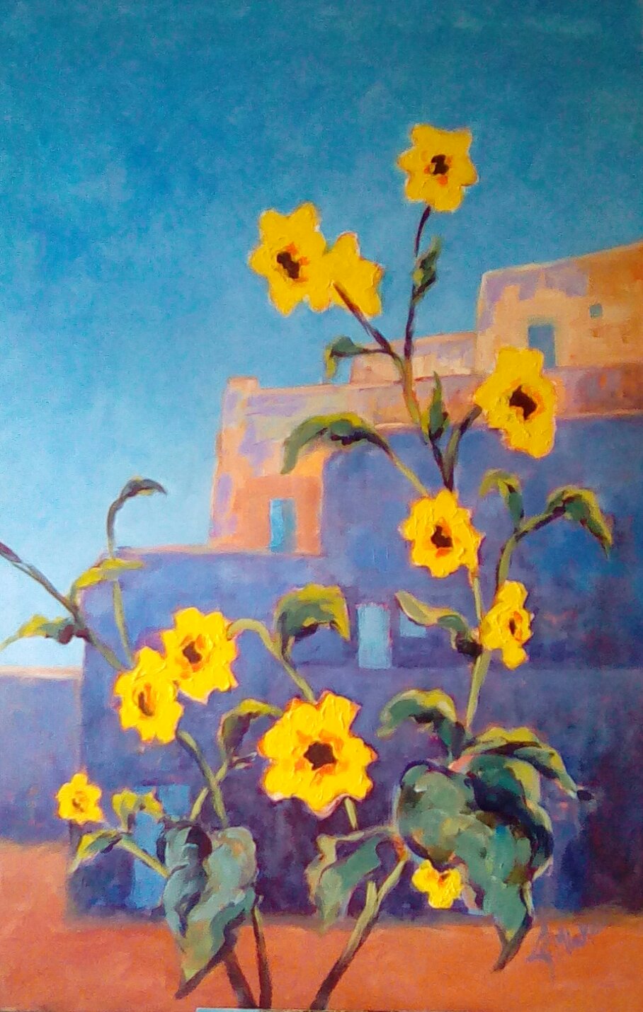 A painting of sunflowers in front of pueblo buildings