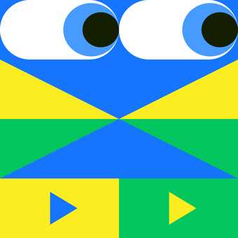 A pair of eyes look right, with geometric green, yellow and blue shapes beneath