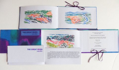 A handmade silkscreen book with color landscape paintings