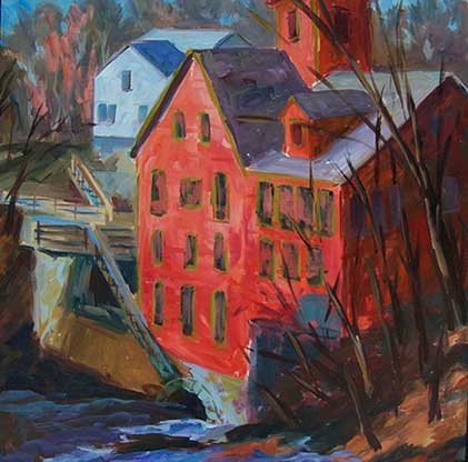 A painting of the old red mill building that house Sawmill River Arts in Montague, Massachusetts