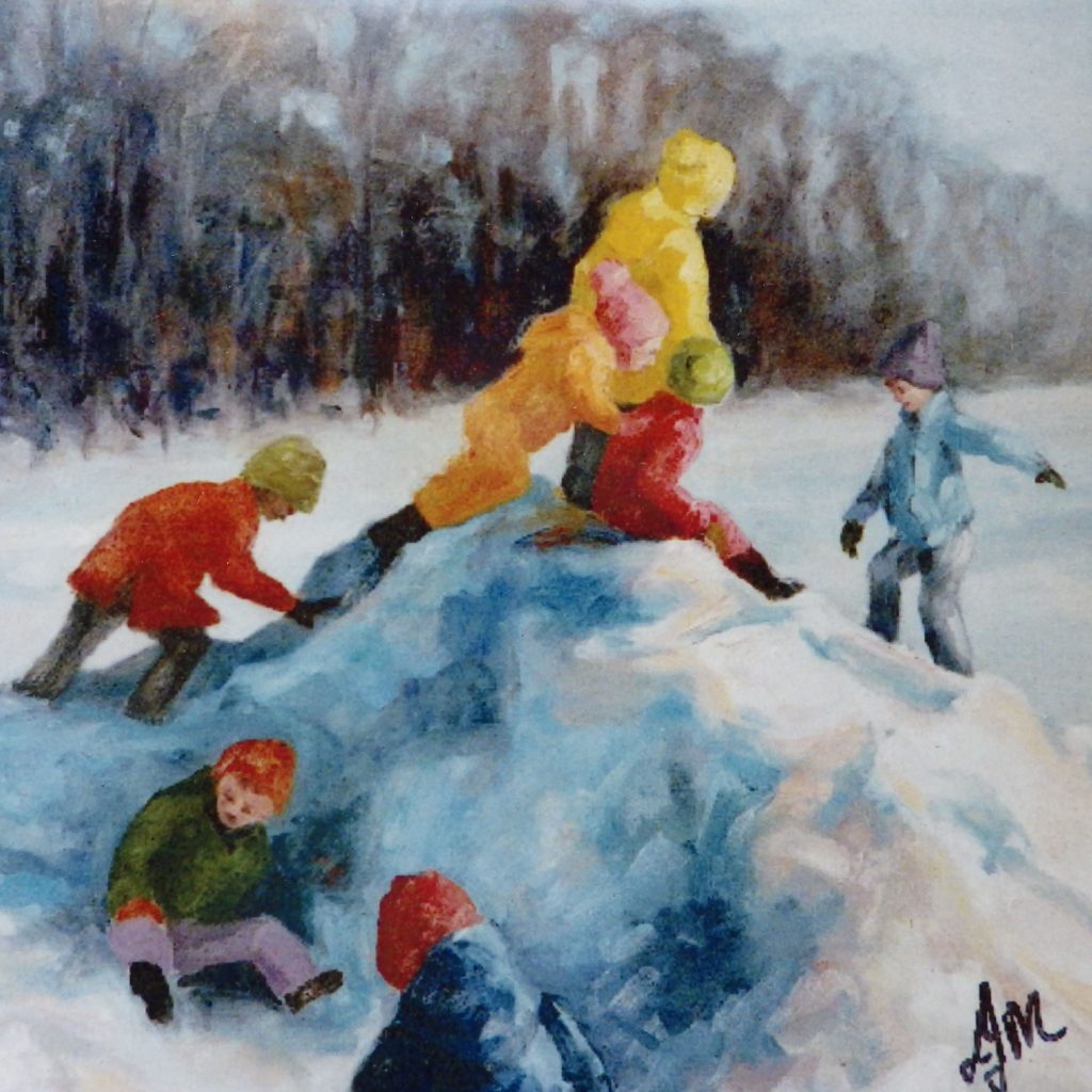 A painting of children in winter gear playing on a pile of snow