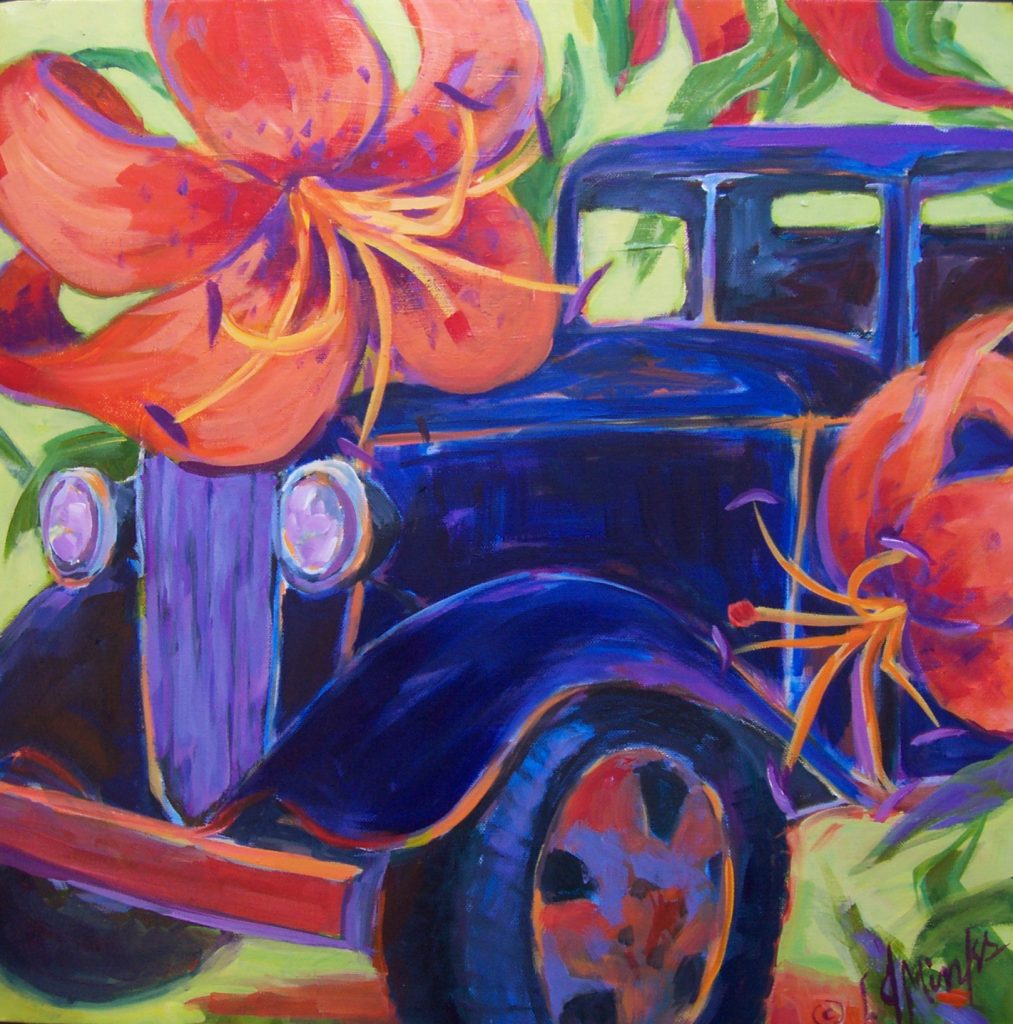 A painting of an old fashioned car with huge tiger lillies