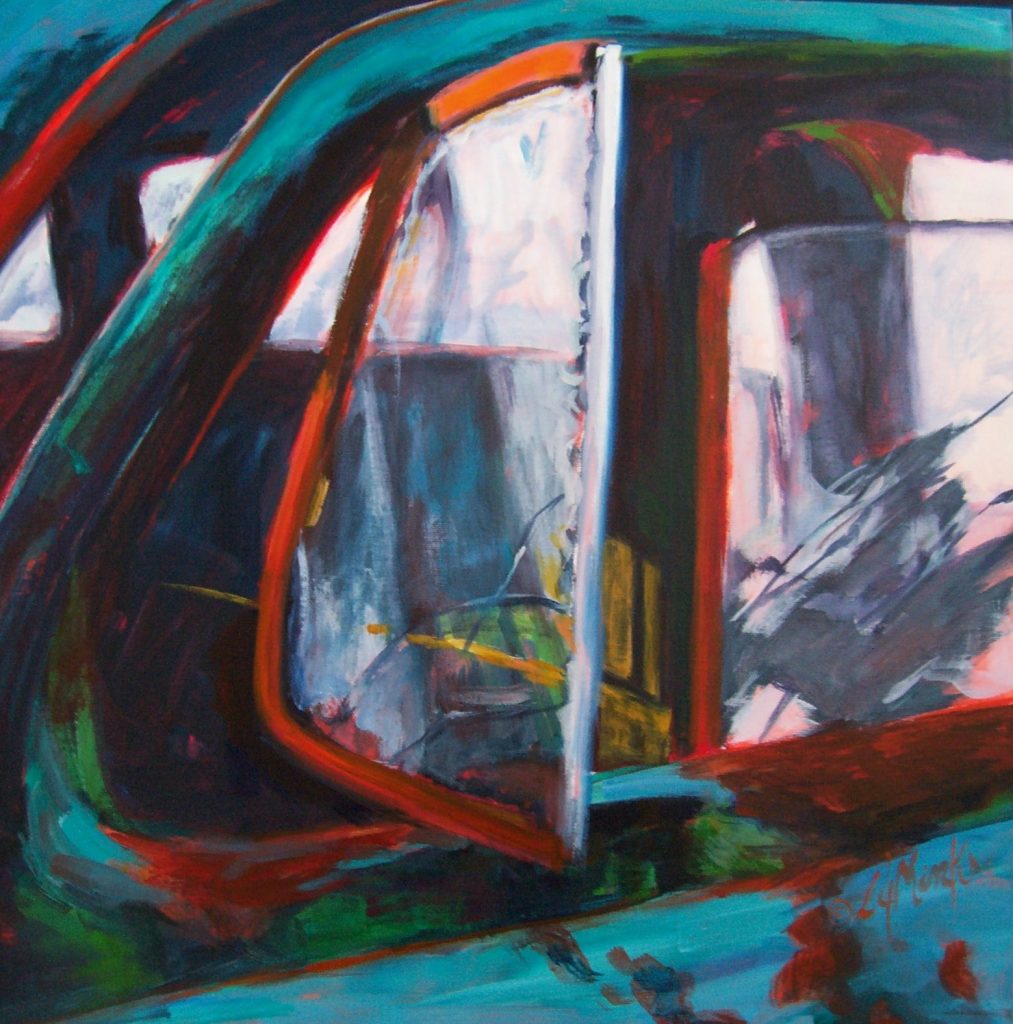 A painting of an open window in an old fashioned truck
