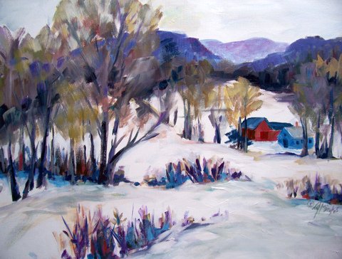 A painting of a rural Vermont landscape in winter