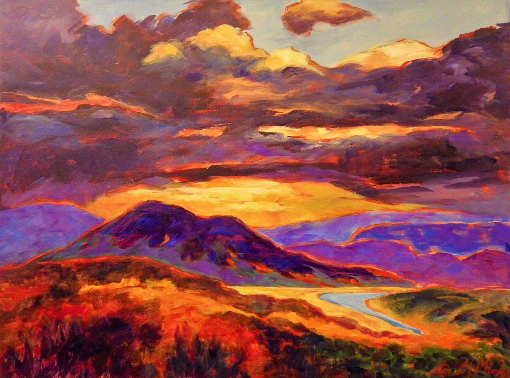 A painting of light breaking through the clouds over rolling hills and a winding road