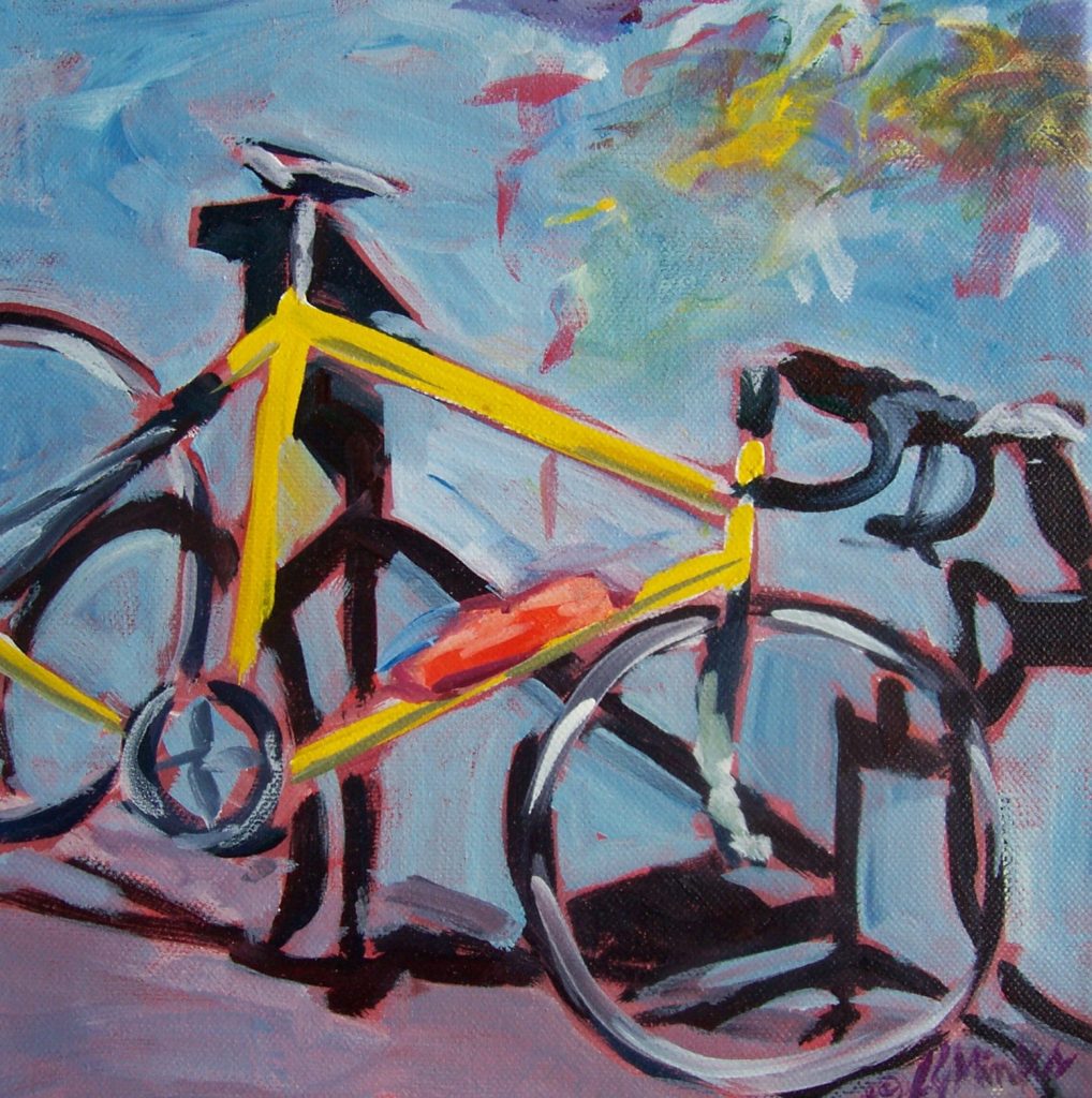 A painting of a sporty yellow bike resting against a wall