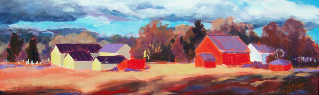 A painting of yellow and red barns in a field