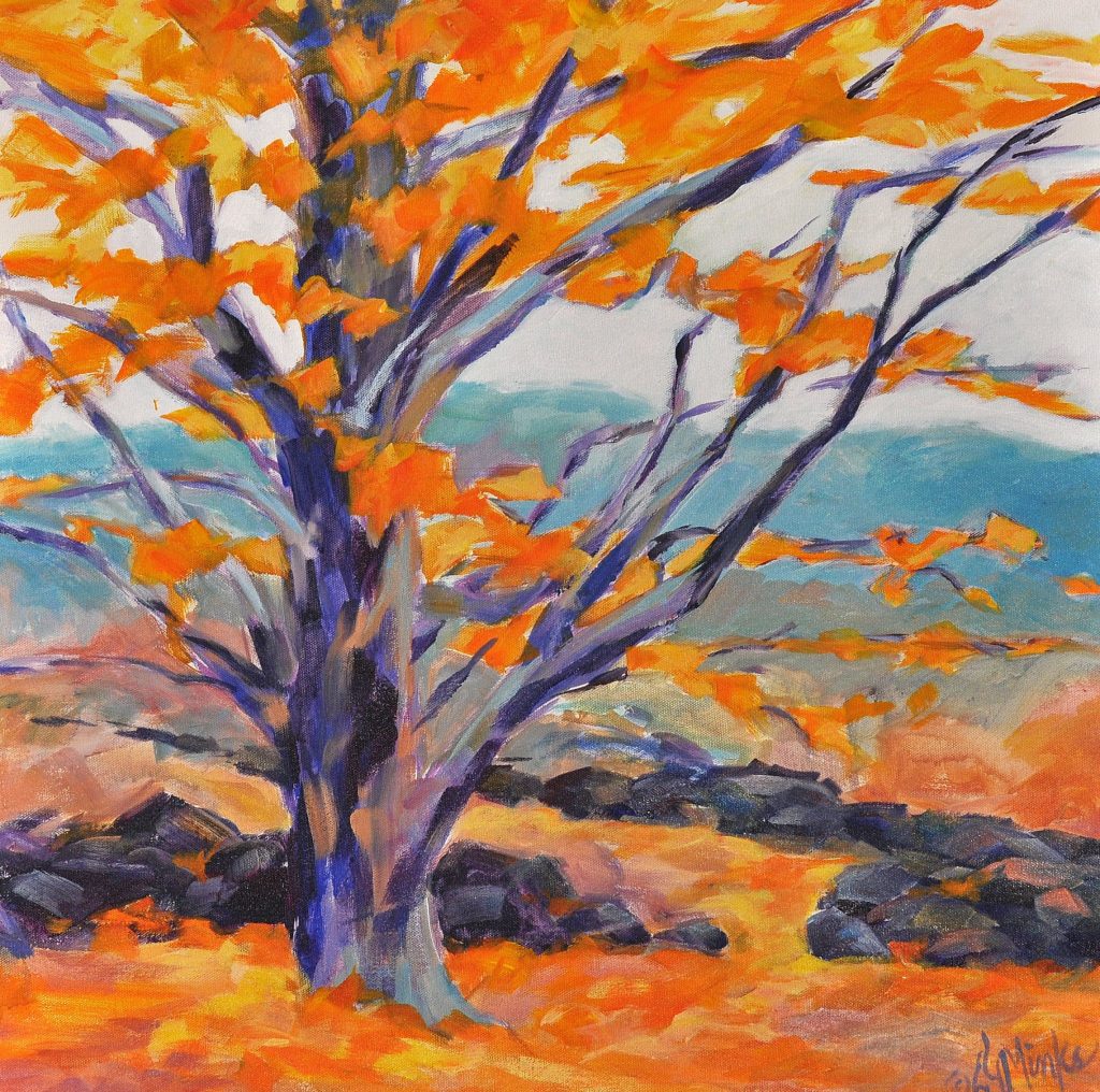 A painting of a tree with bright foliage in the autumn