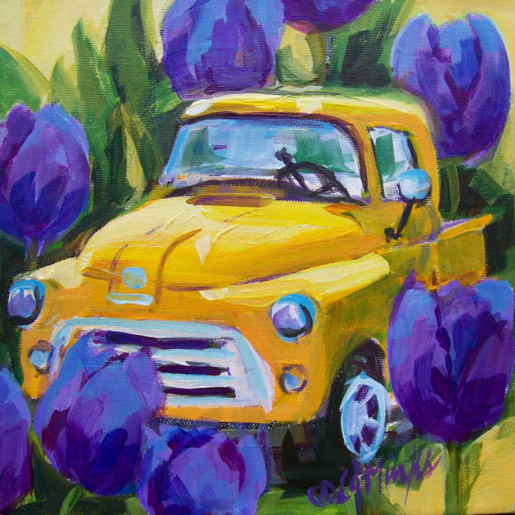 A painting of an old fashioned yellow truck with huge purple tuplis